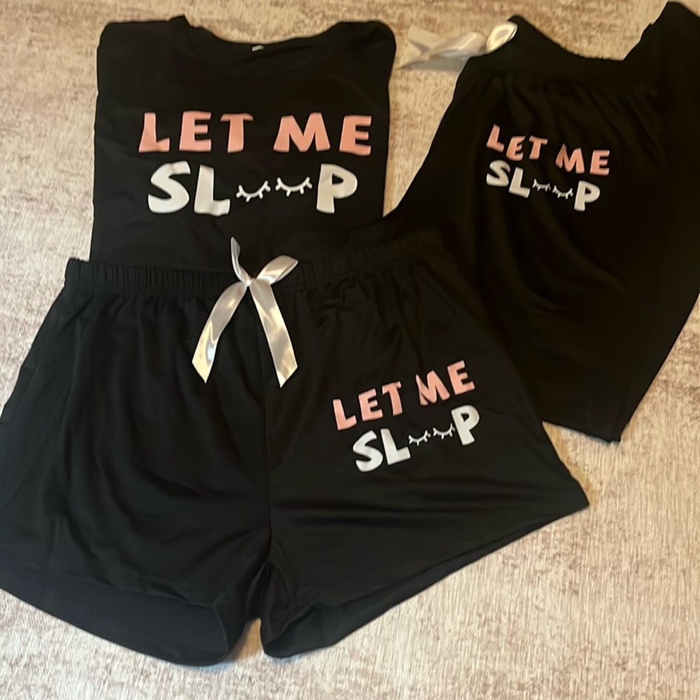 Casual Pajamas “Let me Sleep” top Long Pants, Shorts, Three-piece Set NEW sz LRG